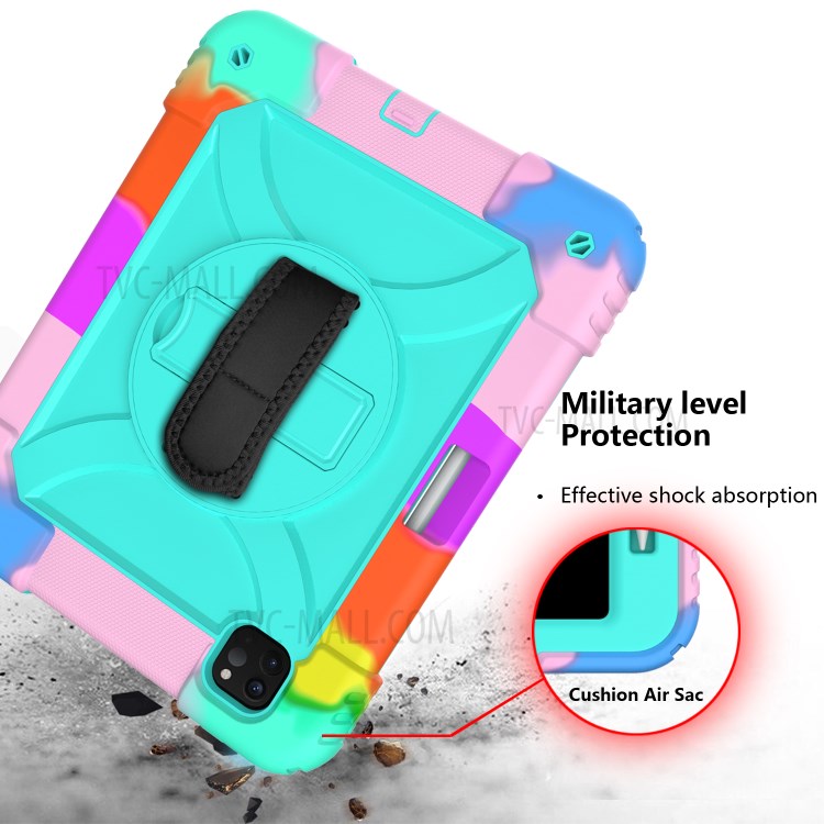 Rainbow Style 360° Swivel Handy Strap Kickstand PC Silicone Tablet Shell with Shoulder Strap for iPad Pro 11-inch (2020)/(2018) - Rainbow/Blue-6