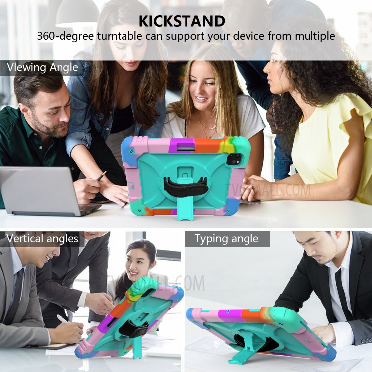 Rainbow Style 360° Swivel Handy Strap Kickstand PC Silicone Tablet Shell with Shoulder Strap for iPad Pro 11-inch (2020)/(2018) - Rainbow/Blue-7
