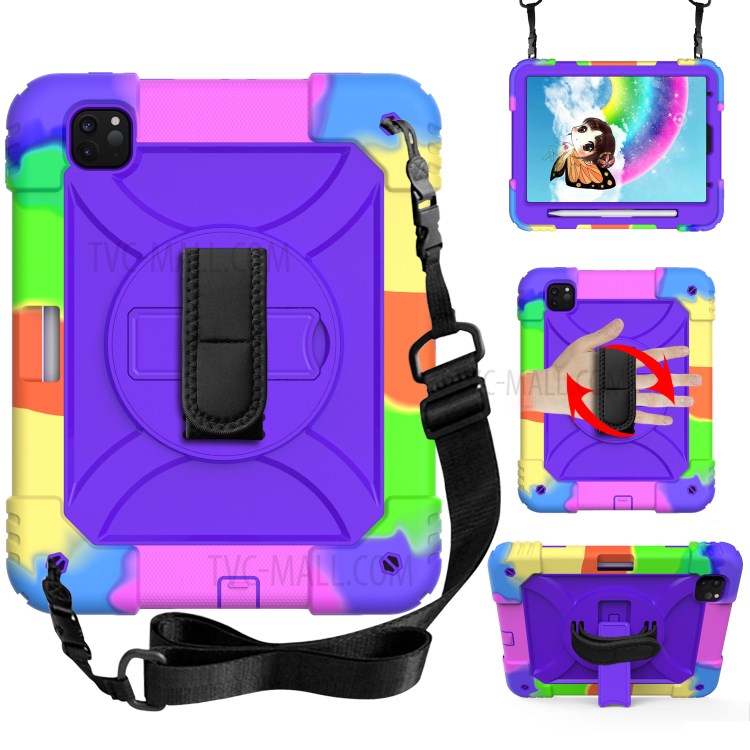 Rainbow Style 360° Swivel Handy Strap Kickstand PC Silicone Tablet Shell with Shoulder Strap for iPad Pro 11-inch (2020)/(2018) - Rainbow/Purple-1