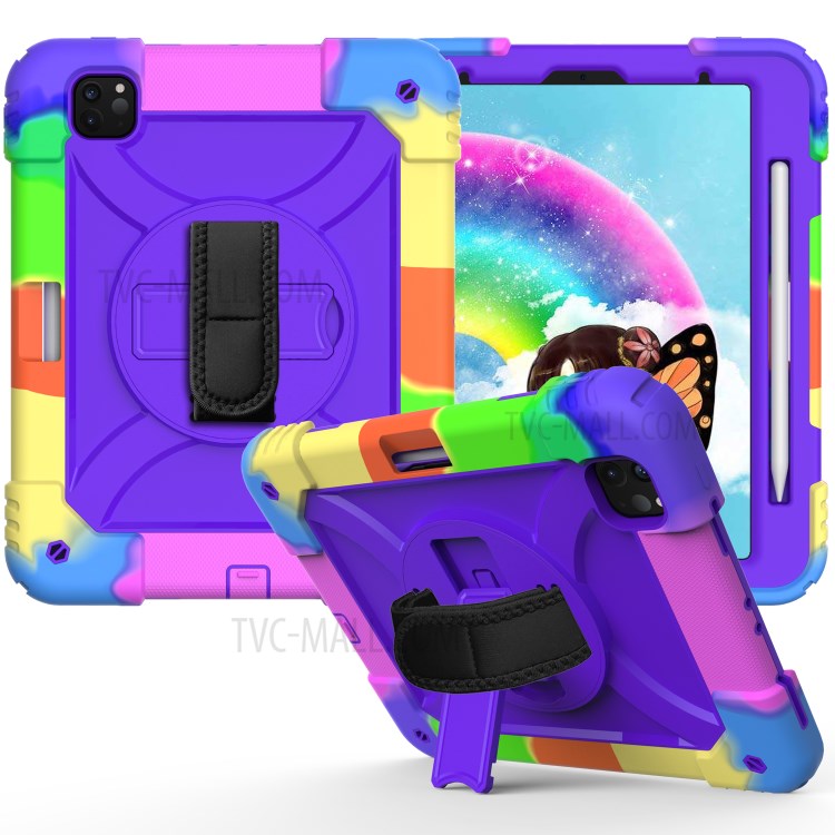 Rainbow Style 360° Swivel Handy Strap Kickstand PC Silicone Tablet Shell with Shoulder Strap for iPad Pro 11-inch (2020)/(2018) - Rainbow/Purple-2