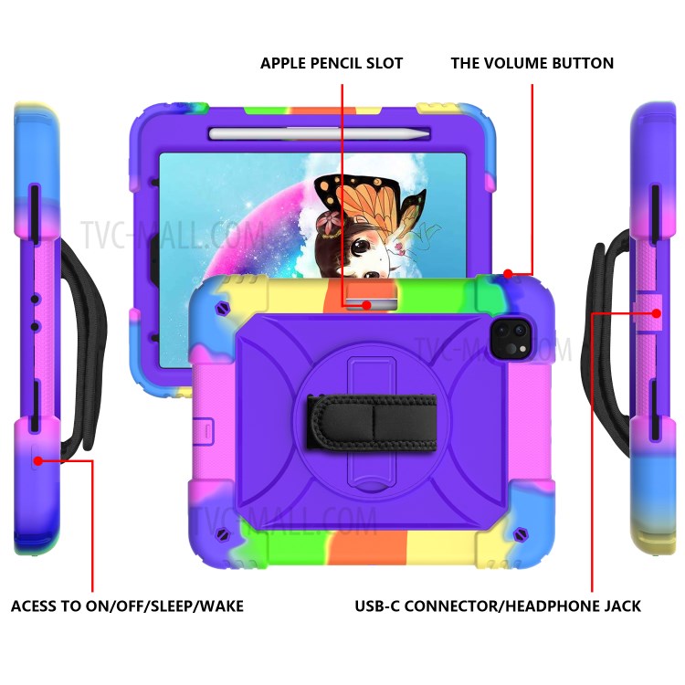 Rainbow Style 360° Swivel Handy Strap Kickstand PC Silicone Tablet Shell with Shoulder Strap for iPad Pro 11-inch (2020)/(2018) - Rainbow/Purple-4