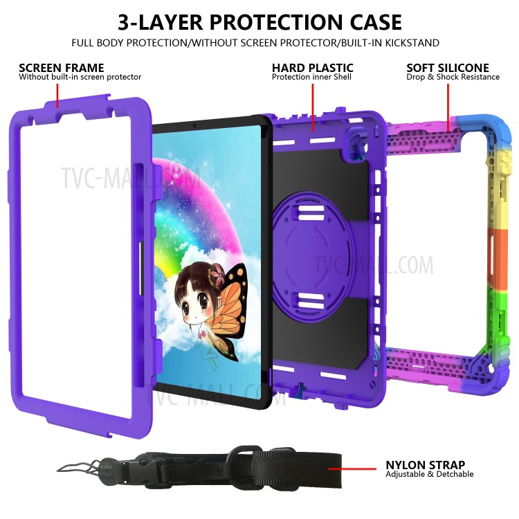 Rainbow Style 360° Swivel Handy Strap Kickstand PC Silicone Tablet Shell with Shoulder Strap for iPad Pro 11-inch (2020)/(2018) - Rainbow/Purple-5