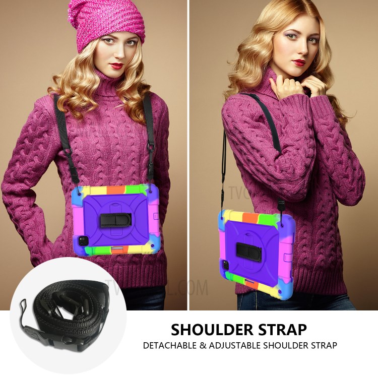 Rainbow Style 360° Swivel Handy Strap Kickstand PC Silicone Tablet Shell with Shoulder Strap for iPad Pro 11-inch (2020)/(2018) - Rainbow/Purple-8
