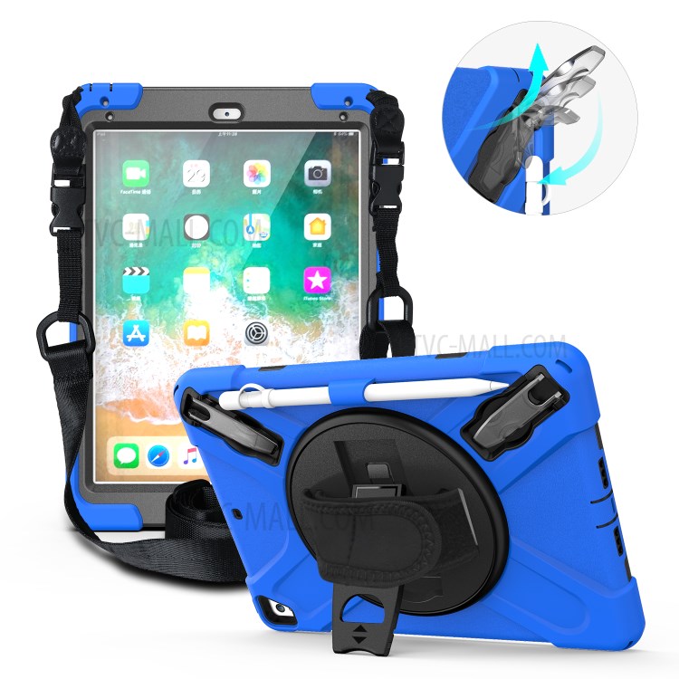 360° Swivel Kickstand PC + Silicone Combo Tablet Case with Handy Strap and Shoulder Strap for iPad 9.7-inch (2018) - Blue-1