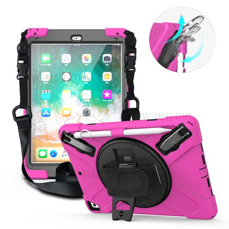 360° Swivel Kickstand PC + Silicone Combo Tablet Case with Handy Strap and Shoulder Strap for iPad 9.7-inch (2018) - Rose-1