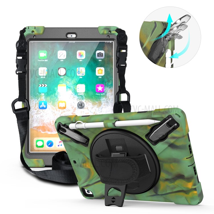 360° Swivel Kickstand PC + Silicone Combo Tablet Case with Handy Strap and Shoulder Strap for iPad 9.7-inch (2018) - Camouflage-1