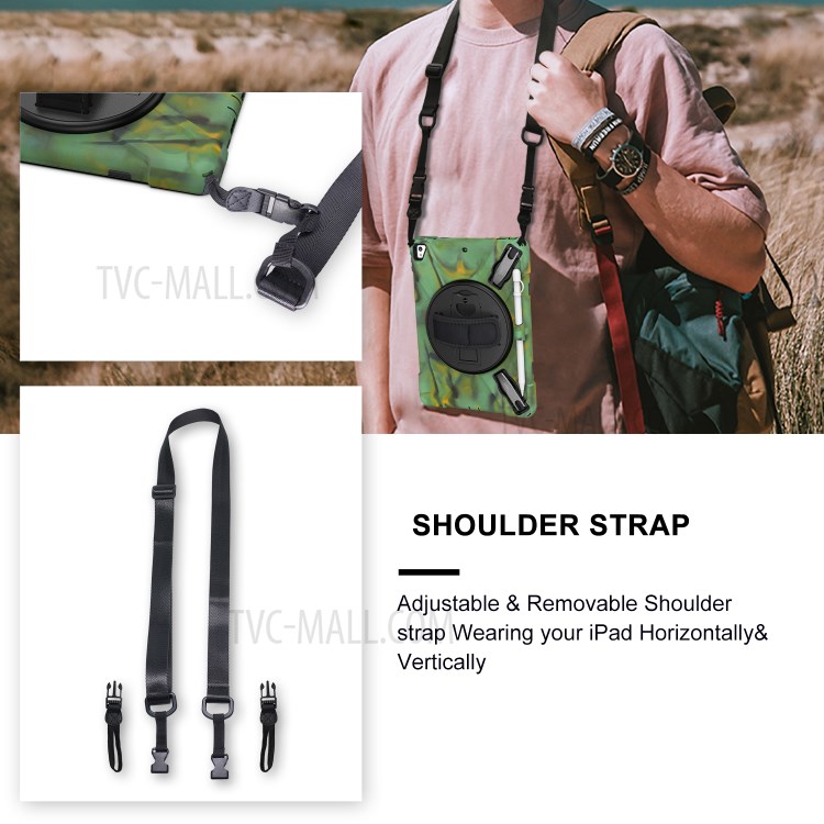 360° Swivel Kickstand PC + Silicone Combo Tablet Case with Handy Strap and Shoulder Strap for iPad 9.7-inch (2018) - Camouflage-3
