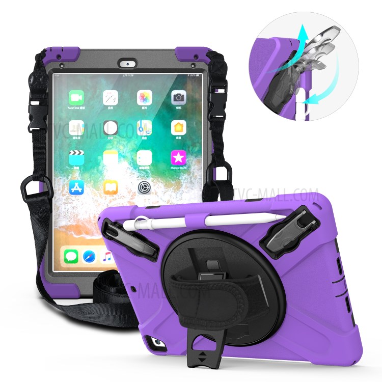 360° Swivel Kickstand PC + Silicone Combo Tablet Case with Handy Strap and Shoulder Strap for iPad 9.7-inch (2018) - Purple-1