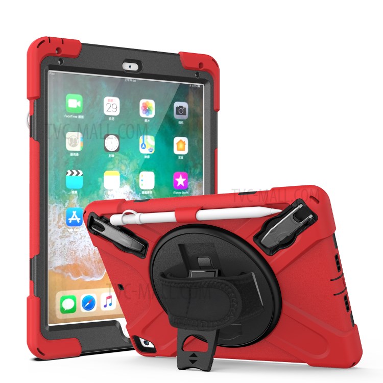 360° Swivel Kickstand PC + Silicone Combo Tablet Case with Handy Strap for iPad 9.7-inch (2018) - Red-1