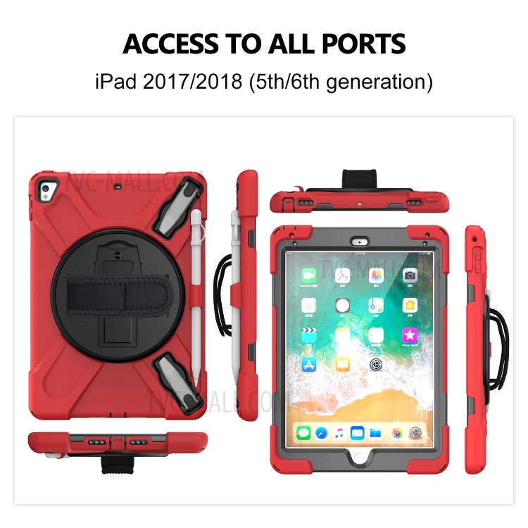 360° Swivel Kickstand PC + Silicone Combo Tablet Case with Handy Strap for iPad 9.7-inch (2018) - Red-12