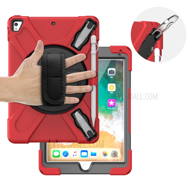 360° Swivel Kickstand PC + Silicone Combo Tablet Case with Handy Strap for iPad 9.7-inch (2018) - Red-15