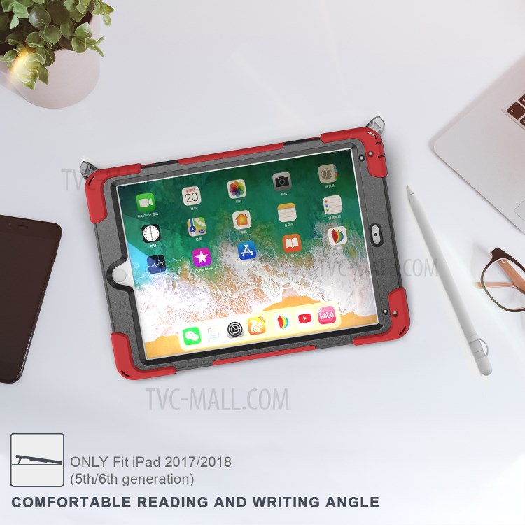 360° Swivel Kickstand PC + Silicone Combo Tablet Case with Handy Strap for iPad 9.7-inch (2018) - Red-16