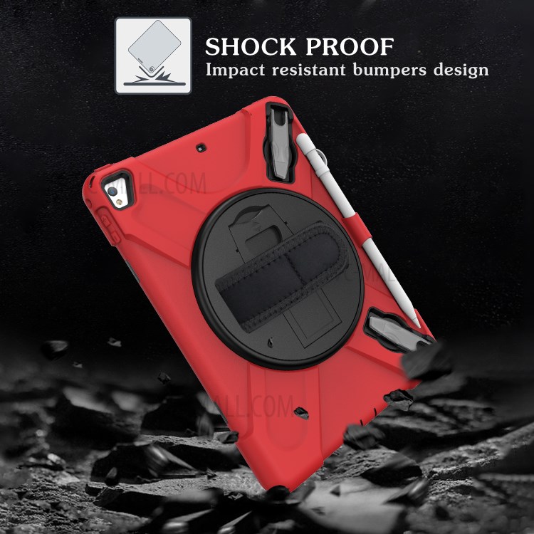 360° Swivel Kickstand PC + Silicone Combo Tablet Case with Handy Strap for iPad 9.7-inch (2018) - Red-18