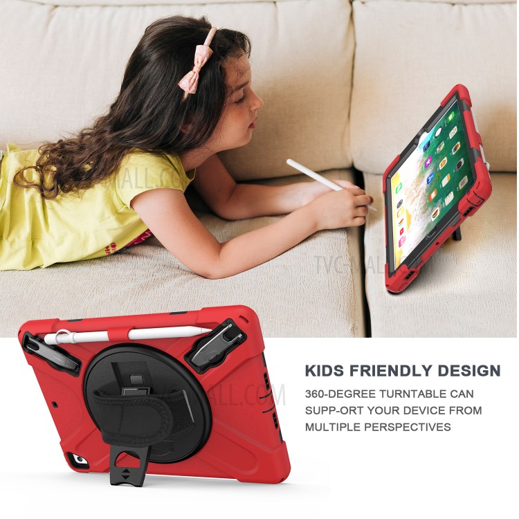 360° Swivel Kickstand PC + Silicone Combo Tablet Case with Handy Strap for iPad 9.7-inch (2018) - Red-19
