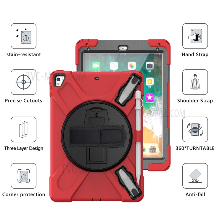 360° Swivel Kickstand PC + Silicone Combo Tablet Case with Handy Strap for iPad 9.7-inch (2018) - Red-8