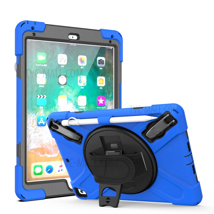 Custodia Combo a 360 ° Kickstand Girevole + Tablet Combinato in Silicone Con Cinturino Per Ipad da 9,7 Pollici (2018) - Blu