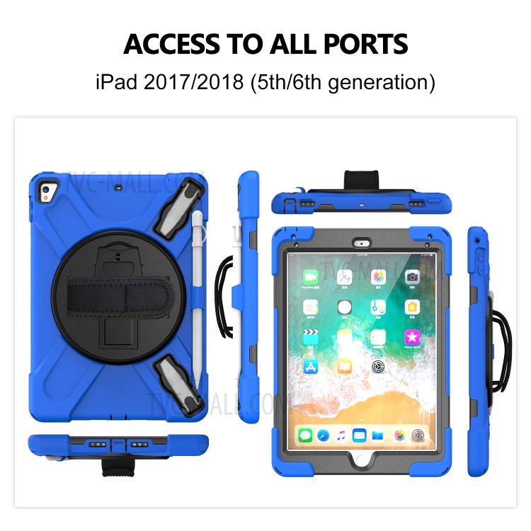 360° Swivel Kickstand PC + Silicone Combo Tablet Case with Handy Strap for iPad 9.7-inch (2018) - Blue-12