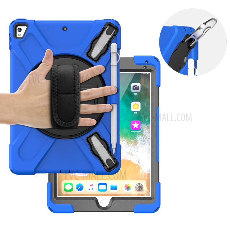 360° Swivel Kickstand PC + Silicone Combo Tablet Case with Handy Strap for iPad 9.7-inch (2018) - Blue-15