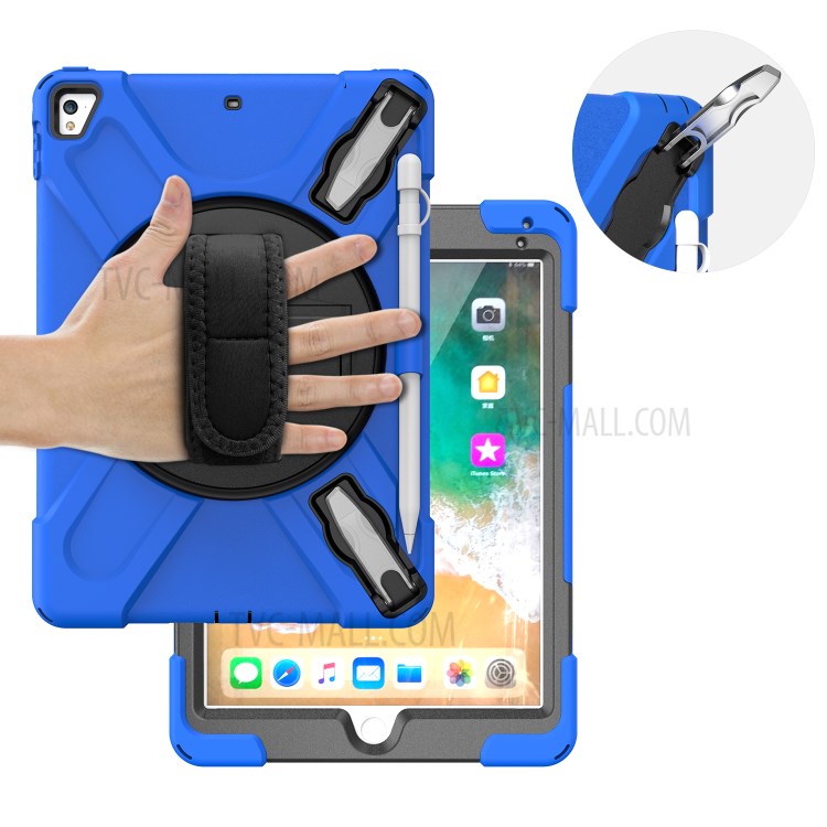 Custodia Combo a 360 ° Kickstand Girevole + Tablet Combinato in Silicone Con Cinturino Per Ipad da 9,7 Pollici (2018) - Blu