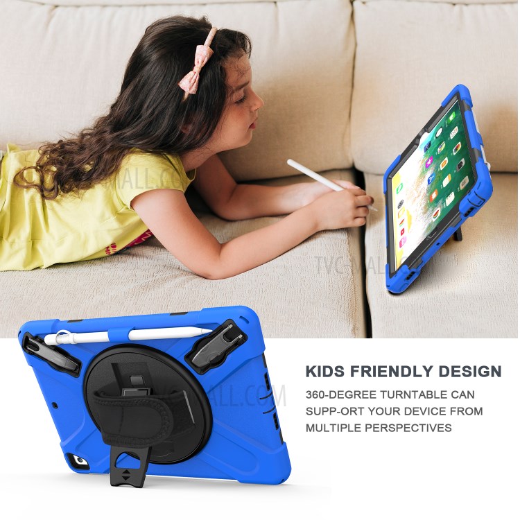 360° Swivel Kickstand PC + Silicone Combo Tablet Case with Handy Strap for iPad 9.7-inch (2018) - Blue-19