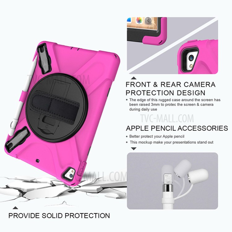 360° Swivel Kickstand PC + Silicone Combo Tablet Case with Handy Strap for iPad 9.7-inch (2018) - Rose-13
