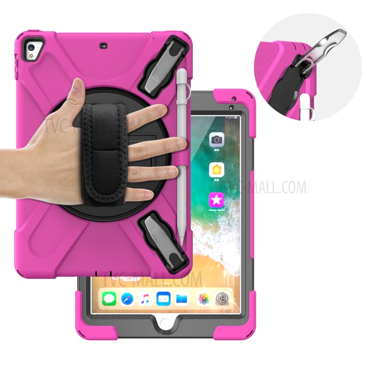 Custodia Combo a 360 ° Kickstand Girevole + Tablet Combinato in Silicone Con Cinturino Per Ipad da 9,7 Pollici (2018) - Rosa