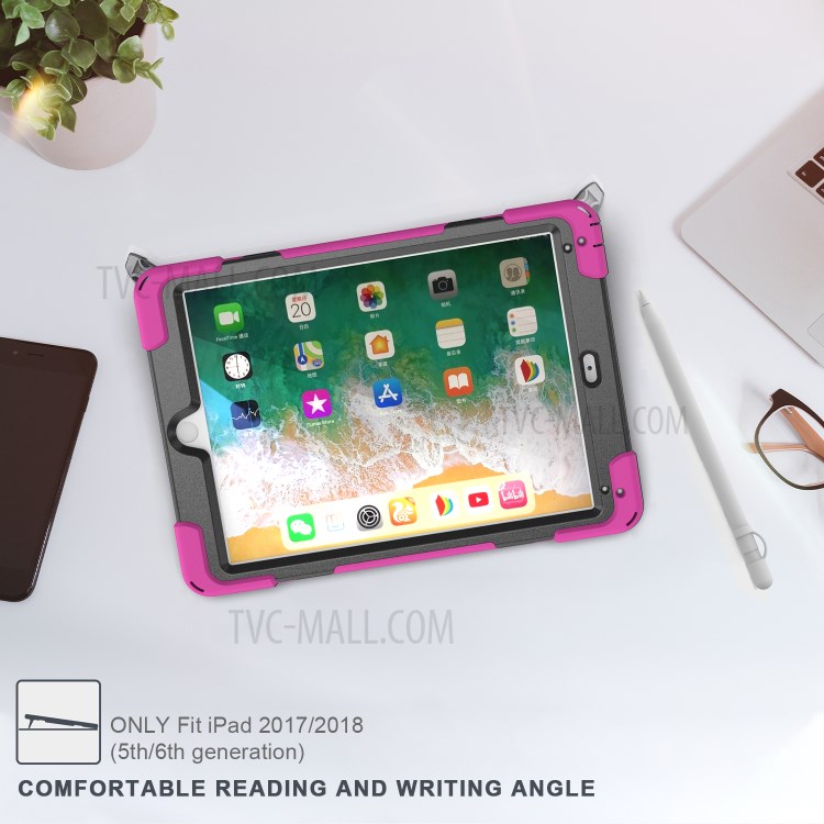 Custodia Combo a 360 ° Kickstand Girevole + Tablet Combinato in Silicone Con Cinturino Per Ipad da 9,7 Pollici (2018) - Rosa