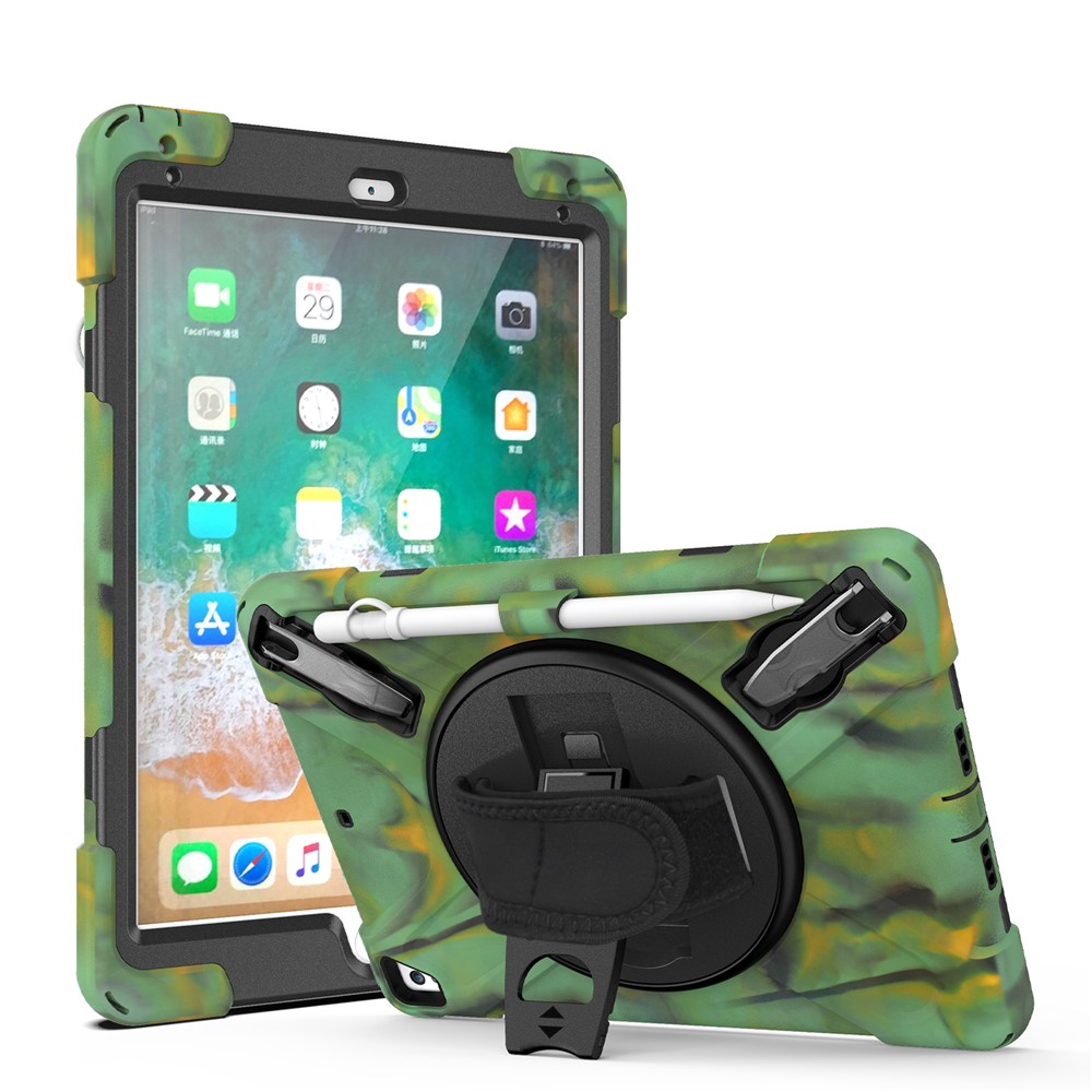 360° Swivel Kickstand PC + Silicone Combo Tablet Case with Handy Strap for iPad 9.7-inch (2018) - Camouflage-1