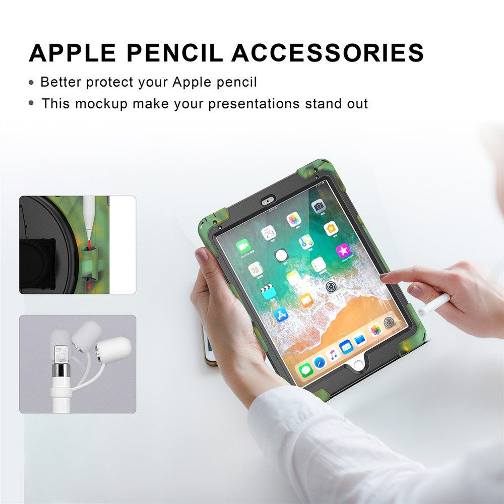 360° Swivel Kickstand PC + Silicone Combo Tablet Case with Handy Strap for iPad 9.7-inch (2018) - Camouflage-11