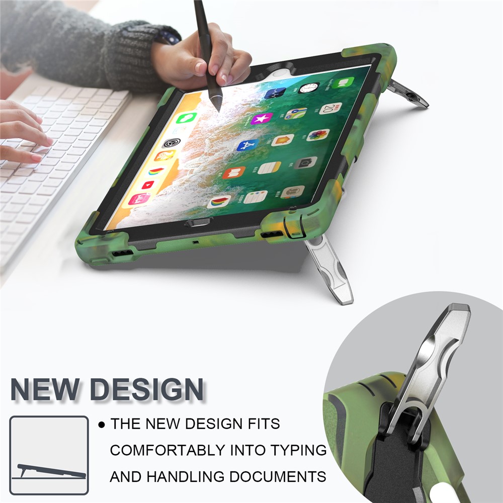 360° Swivel Kickstand PC + Silicone Combo Tablet Case with Handy Strap for iPad 9.7-inch (2018) - Camouflage-12
