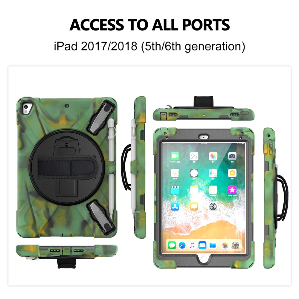 360° Swivel Kickstand PC + Silicone Combo Tablet Case with Handy Strap for iPad 9.7-inch (2018) - Camouflage-13