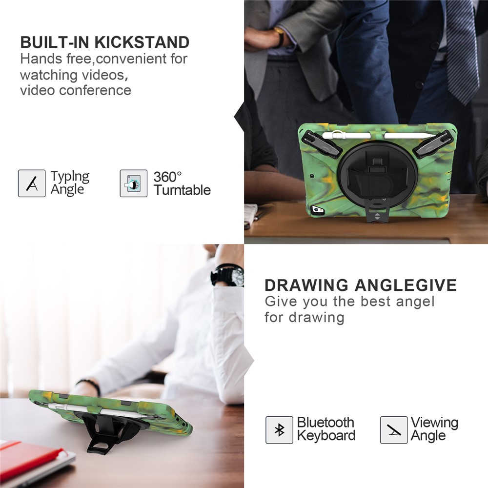 360° Swivel Kickstand PC + Silicone Combo Tablet Case with Handy Strap for iPad 9.7-inch (2018) - Camouflage-15