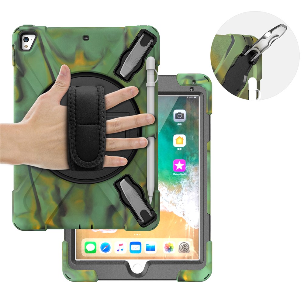 360° Swivel Kickstand PC + Silicone Combo Tablet Case with Handy Strap for iPad 9.7-inch (2018) - Camouflage-16