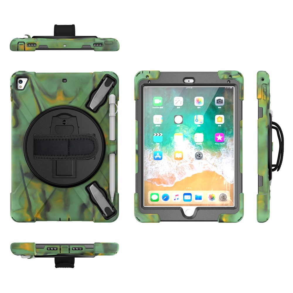 360° Swivel Kickstand PC + Silicone Combo Tablet Case with Handy Strap for iPad 9.7-inch (2018) - Camouflage-21
