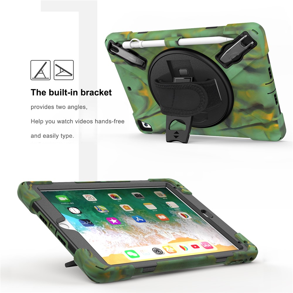 360° Swivel Kickstand PC + Silicone Combo Tablet Case with Handy Strap for iPad 9.7-inch (2018) - Camouflage-3