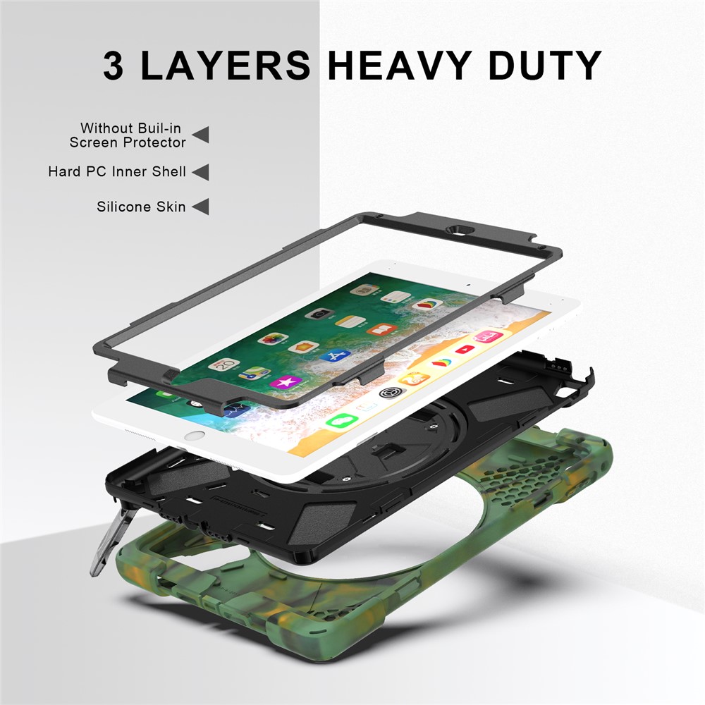 360° Swivel Kickstand PC + Silicone Combo Tablet Case with Handy Strap for iPad 9.7-inch (2018) - Camouflage-5