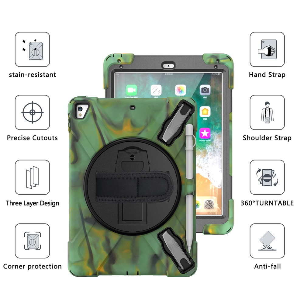 360° Swivel Kickstand PC + Silicone Combo Tablet Case with Handy Strap for iPad 9.7-inch (2018) - Camouflage-9