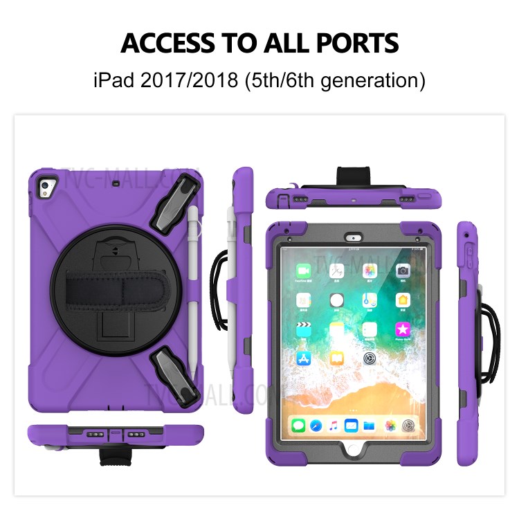 Custodia Combo a 360 ° Kickstand Girevole + Tablet Combinato in Silicone Con Cinturino Per Ipad da 9,7 Pollici (2018) - Viola