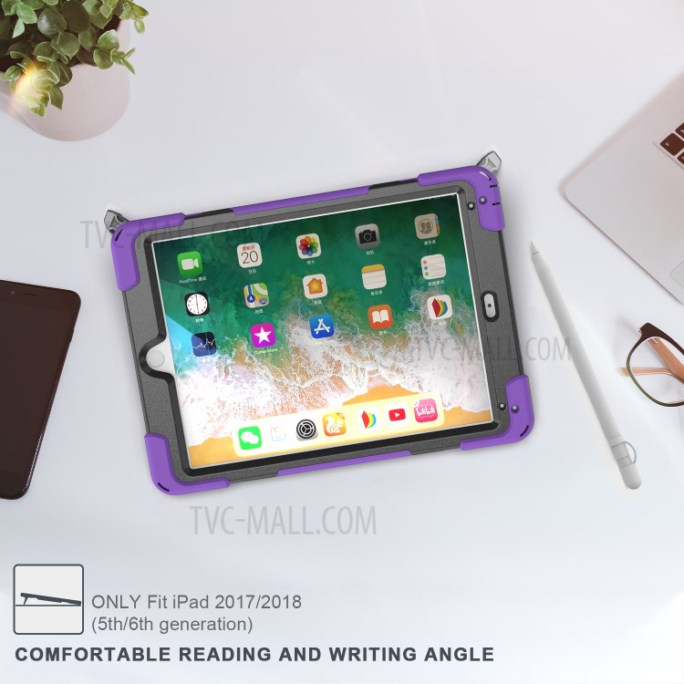 360 ° Girão Giratório PC + Silicone Combo Tablet Case Com Cinta Prática Para Ipad 9,7 Polegadas (2018) - Roxo