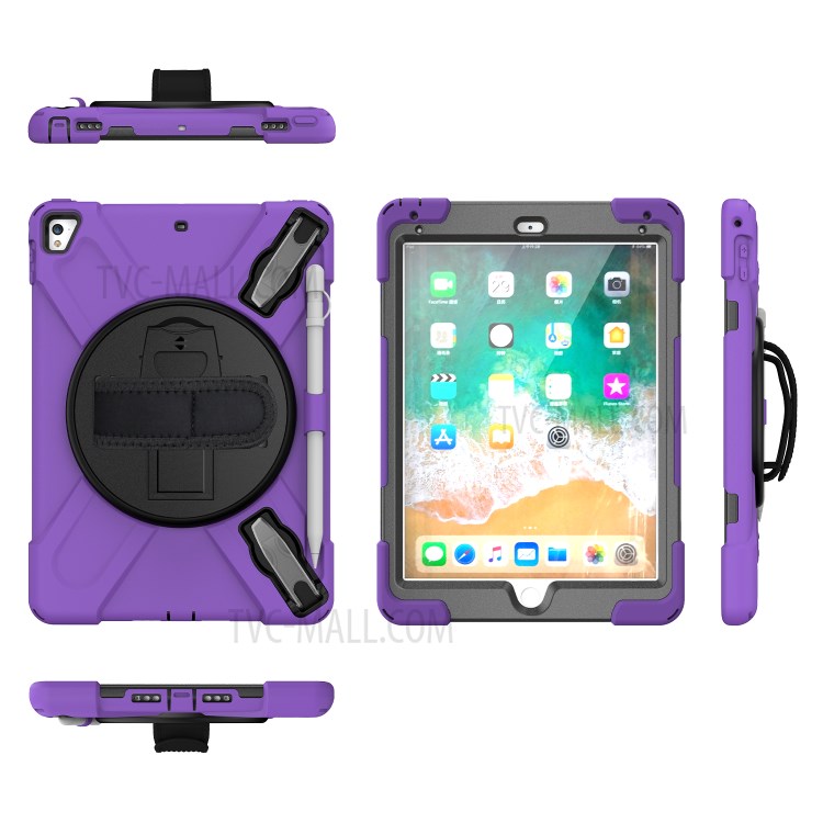 Custodia Combo a 360 ° Kickstand Girevole + Tablet Combinato in Silicone Con Cinturino Per Ipad da 9,7 Pollici (2018) - Viola