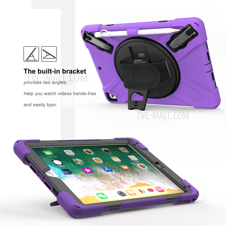 Custodia Combo a 360 ° Kickstand Girevole + Tablet Combinato in Silicone Con Cinturino Per Ipad da 9,7 Pollici (2018) - Viola