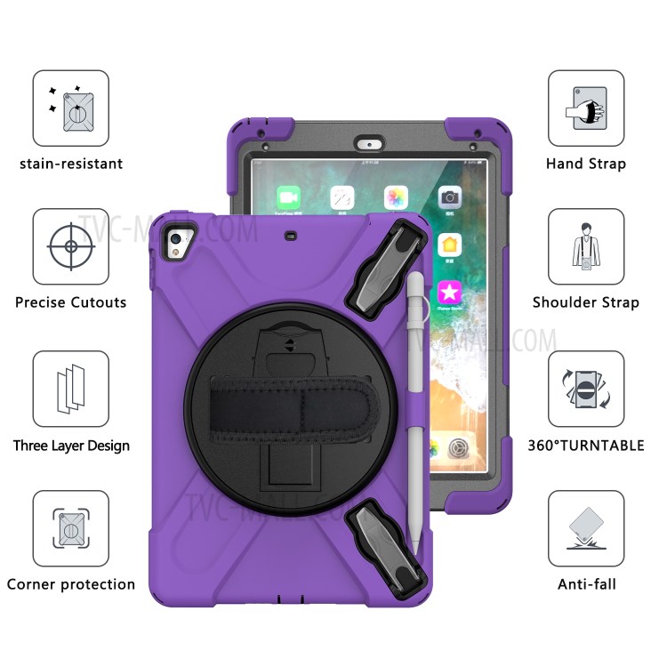 Custodia Combo a 360 ° Kickstand Girevole + Tablet Combinato in Silicone Con Cinturino Per Ipad da 9,7 Pollici (2018) - Viola