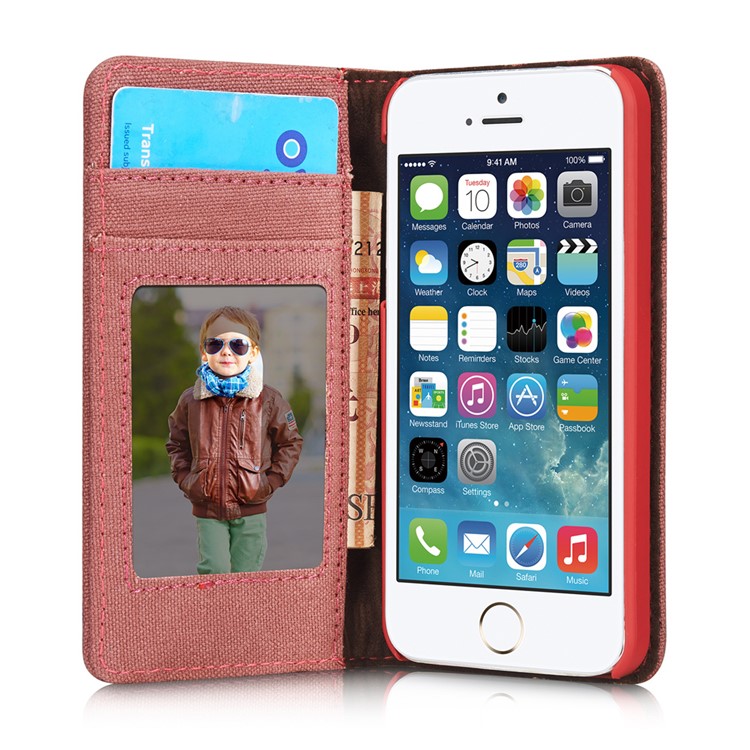 CASEME Canvas Skin Leather Stand Wallet Cover para iPhone SE / 5s / 5 - vermelho-11