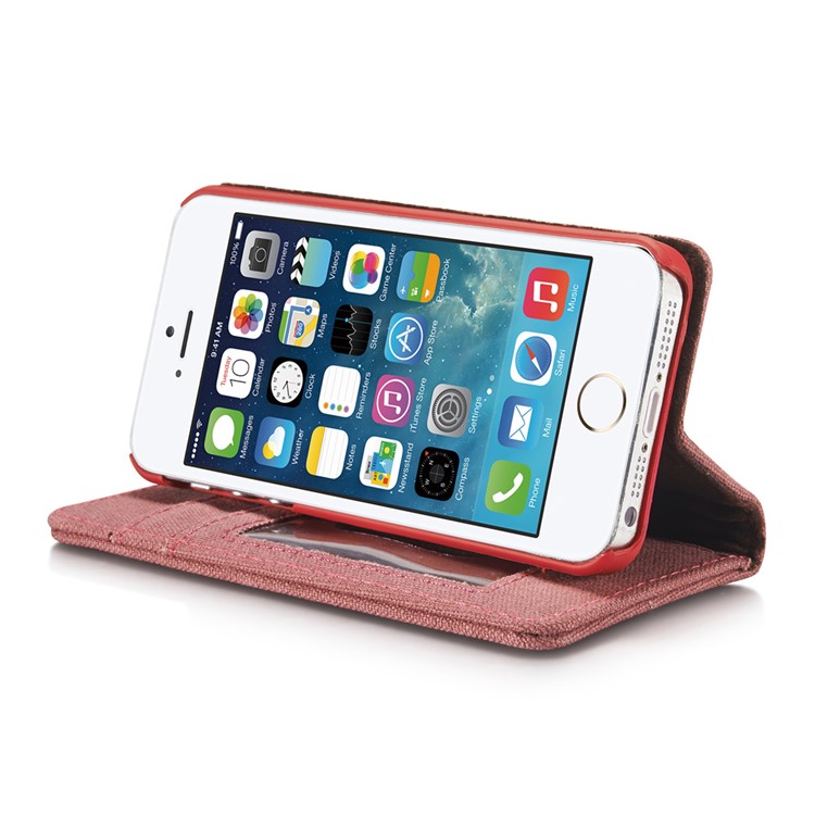 CASEME Canvas Skin Leather Stand Wallet Cover para iPhone SE / 5s / 5 - vermelho-3