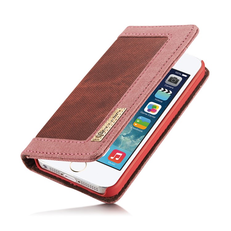 CASEME Canvas Skin Leather Stand Wallet Cover para iPhone SE / 5s / 5 - vermelho-5