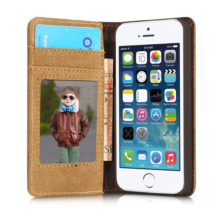 CASEME Canvas Haut Ledertasche Brieftasche Stehen Für Iphone Se / 5s / 5 - Braun-11