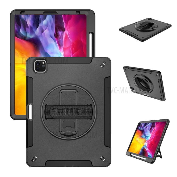360° Swivel Handy Strap Kickstand PC + Silicone Combo Tablet Case with Shoulder Strap for iPad Pro 11-inch (2020)/(2018) - Black-1