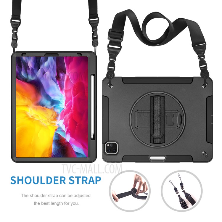 360° Swivel Handy Strap Kickstand PC + Silicone Combo Tablet Case with Shoulder Strap for iPad Pro 11-inch (2020)/(2018) - Black-15
