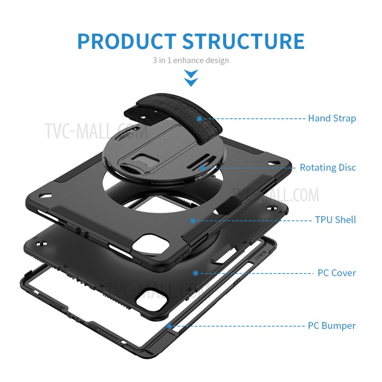 360° Swivel Handy Strap Kickstand PC + Silicone Combo Tablet Case with Shoulder Strap for iPad Pro 11-inch (2020)/(2018) - Black-17