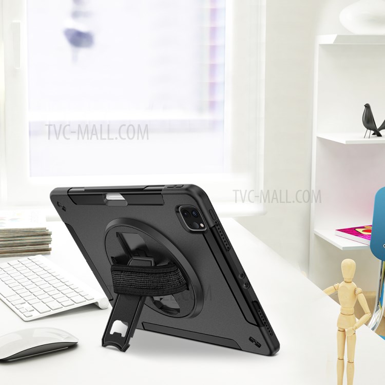 360° Swivel Handy Strap Kickstand PC + Silicone Combo Tablet Case with Shoulder Strap for iPad Pro 11-inch (2020)/(2018) - Black-20